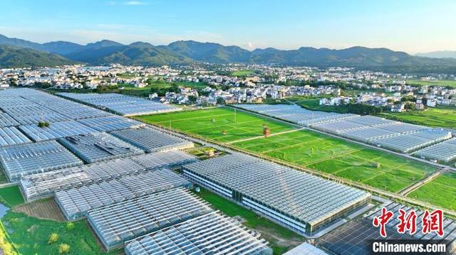 航拍江西于都富硒蔬菜基地 夕照大棚整齐划一