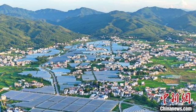 航拍江西于都富硒蔬菜基地 夕照大棚整齐划一