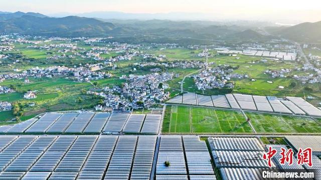 航拍江西于都富硒蔬菜基地 夕照大棚整齐划一