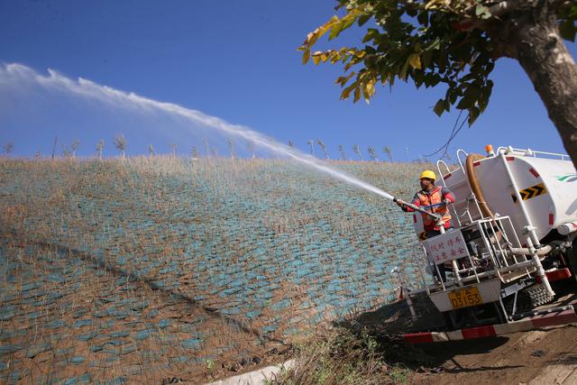 燕南山蓄水池周边景观提升项目工程预计下月完工 生态袋种植灌木打造景观